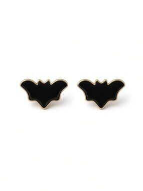 Brand New Gold Tone Black Bat Stud Earrings Fall Halloween